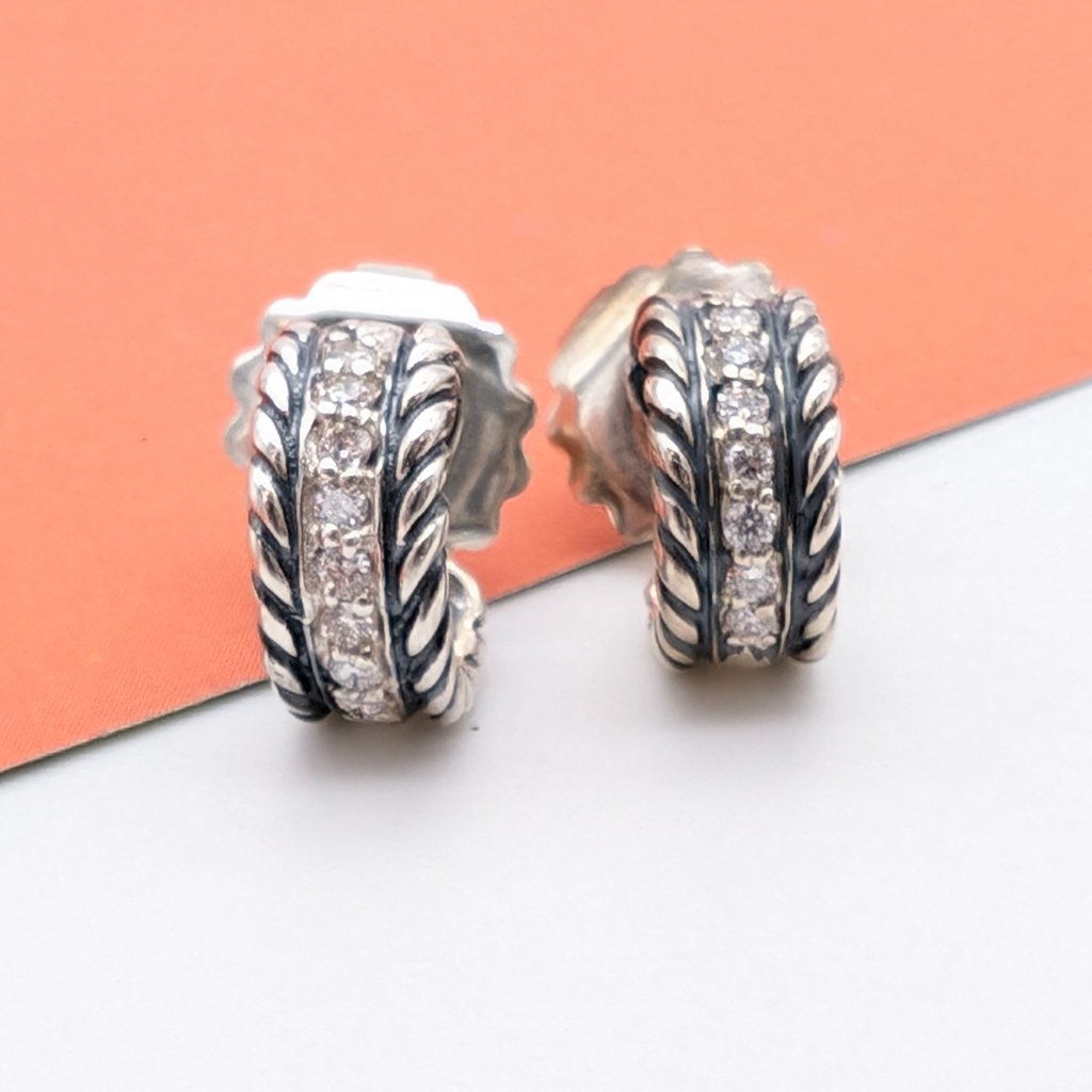 Vintage David Yurman Classic Cable 11'mm Diamond Sterling Silver Huggie Earrings